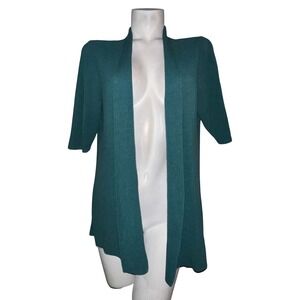 Eileen Fisher Woman Teal Green Ribbed Cotton Silk Blend Open Front Cardigan 1X